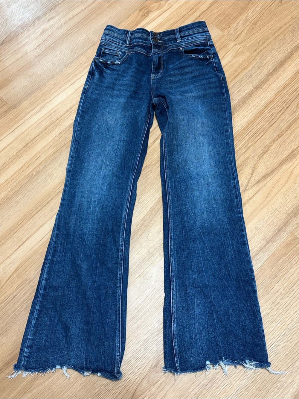 Petra 153 High Rise Flare Jeans Raw Hem Dark Wash Stretch Denim Size 7/27